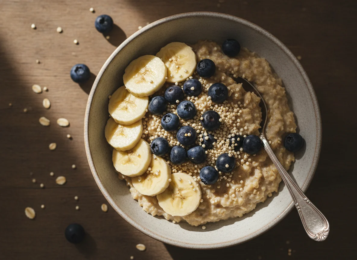 Haferbrei mit Banane und Heidelbeeren photo
