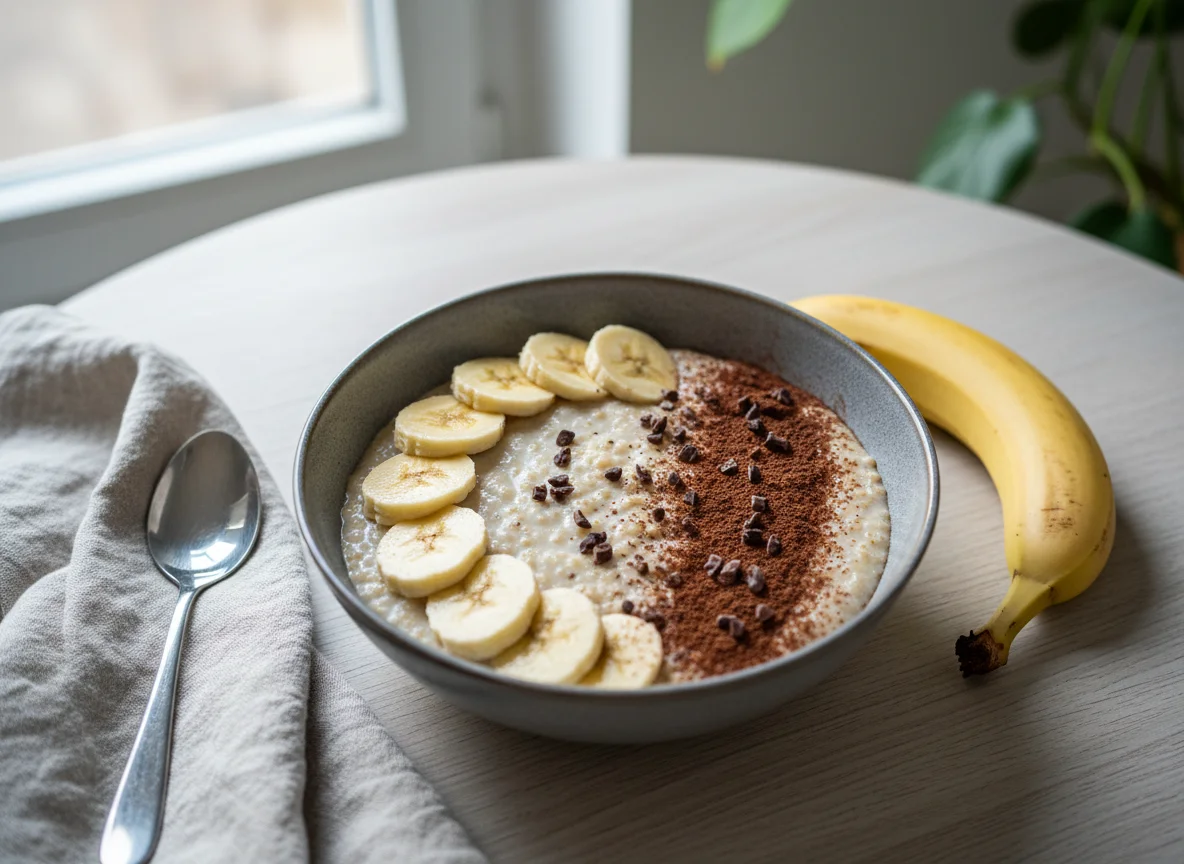 Haferbrei mit Banane und Kakaopulver photo