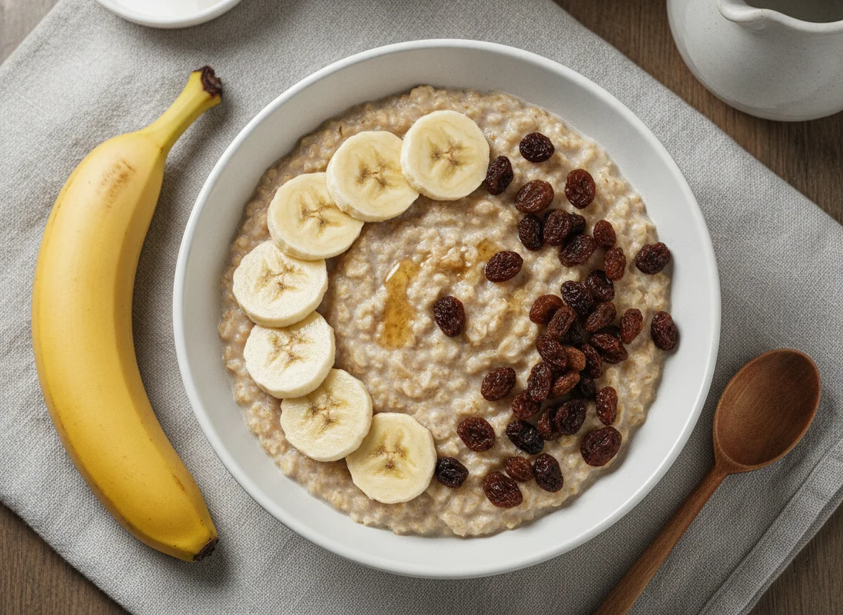 Haferbrei mit Banane und Rosinen photo