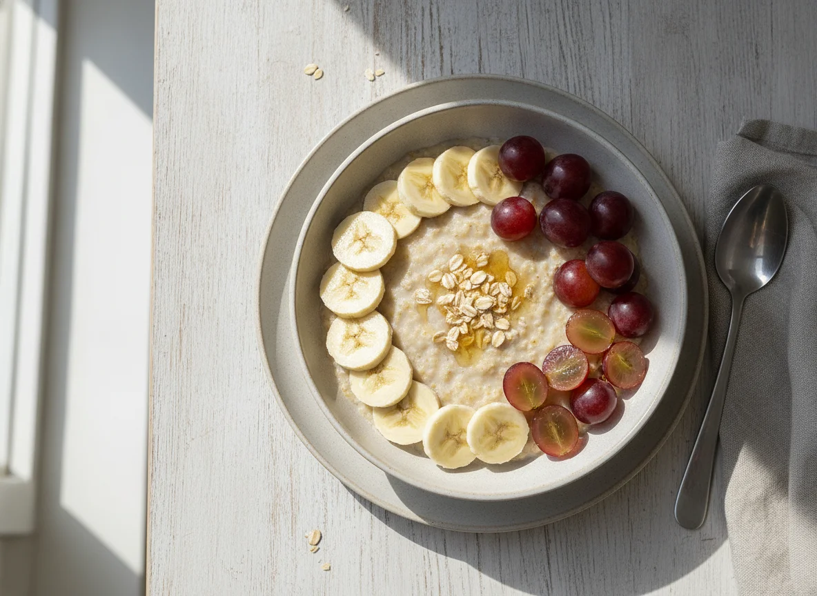 Haferbrei mit Banane und Weintrauben photo