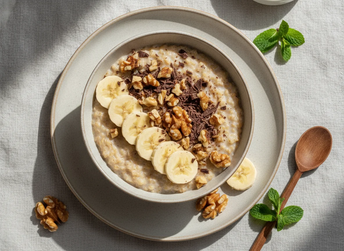 Haferbrei mit Banane, Walnüssen und Schokolade photo