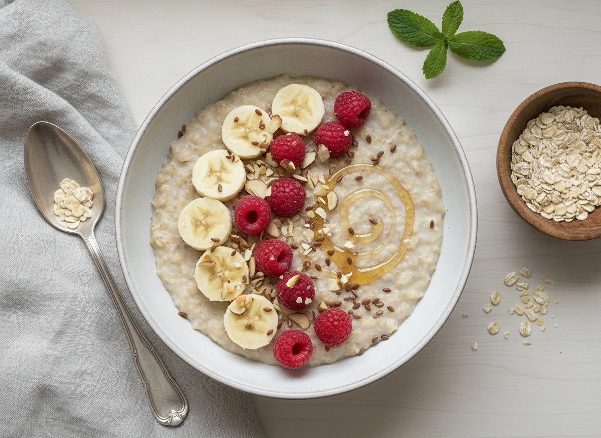 Haferbrei mit Bananen und Himbeeren photo