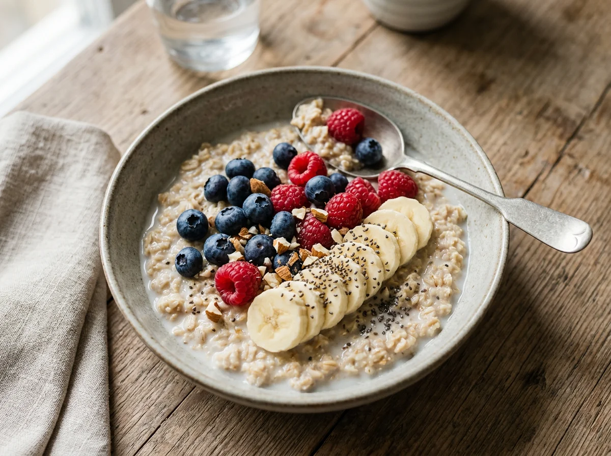 Haferbrei mit Beeren, Banane und Chiasamen photo