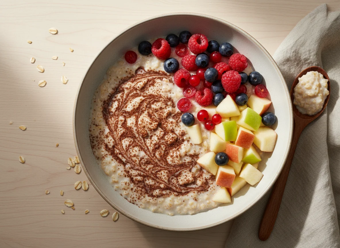 Haferbrei mit Beeren, Kakao und Apfelstücken photo