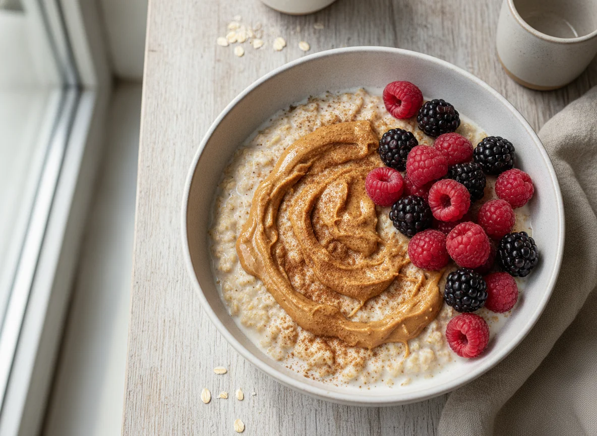 Haferbrei mit Beeren und Erdnussbutter photo