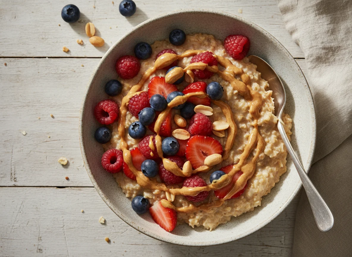 Haferbrei mit Beeren und Erdnussmus photo