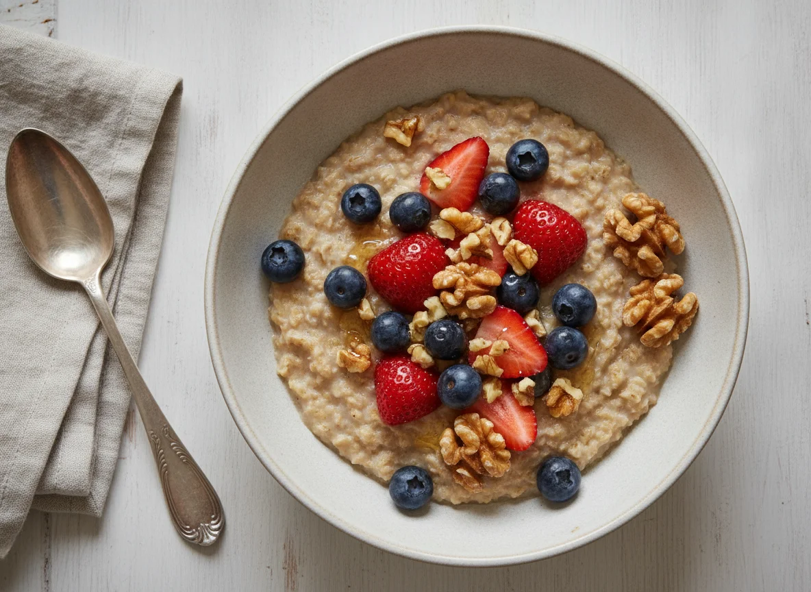 Haferbrei mit Beeren und Walnüssen photo