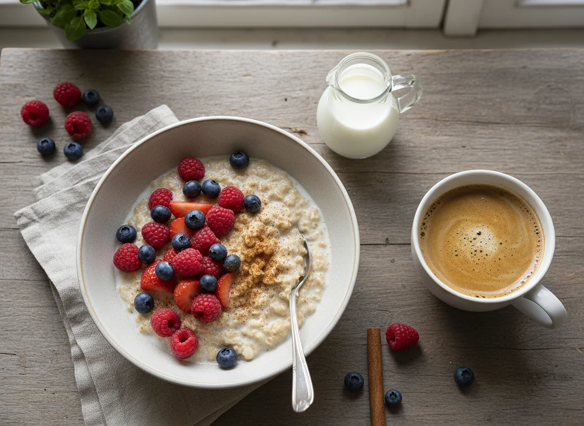 Haferbrei mit Beeren und Zimt sowie Kaffee mit Milch photo