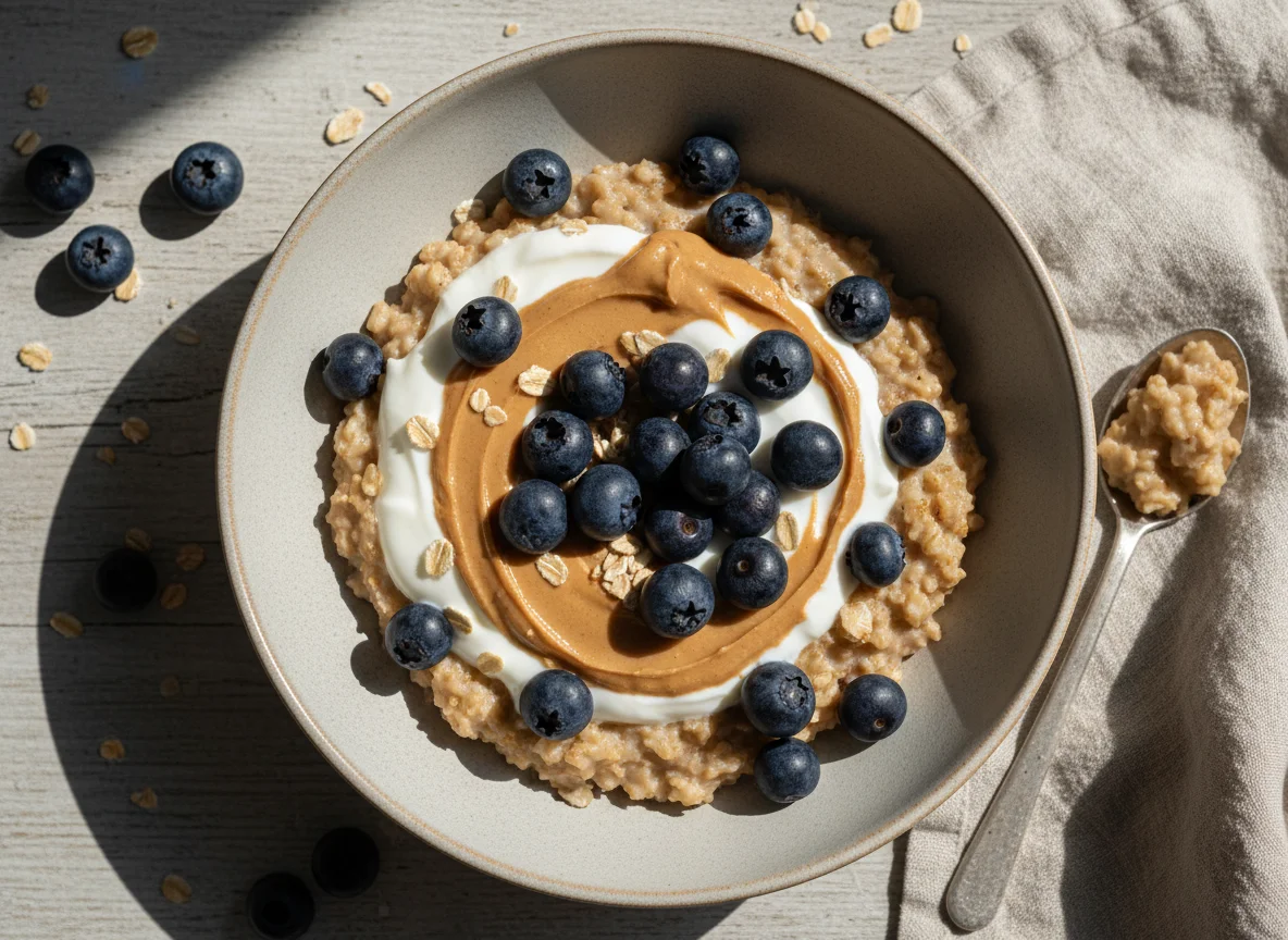 Haferbrei mit Blaubeeren, Joghurt und Erdnussbutter photo