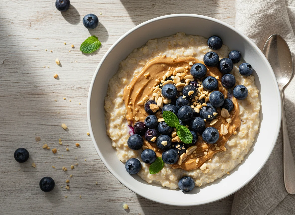 Haferbrei mit Blaubeeren und Erdnussbutter photo