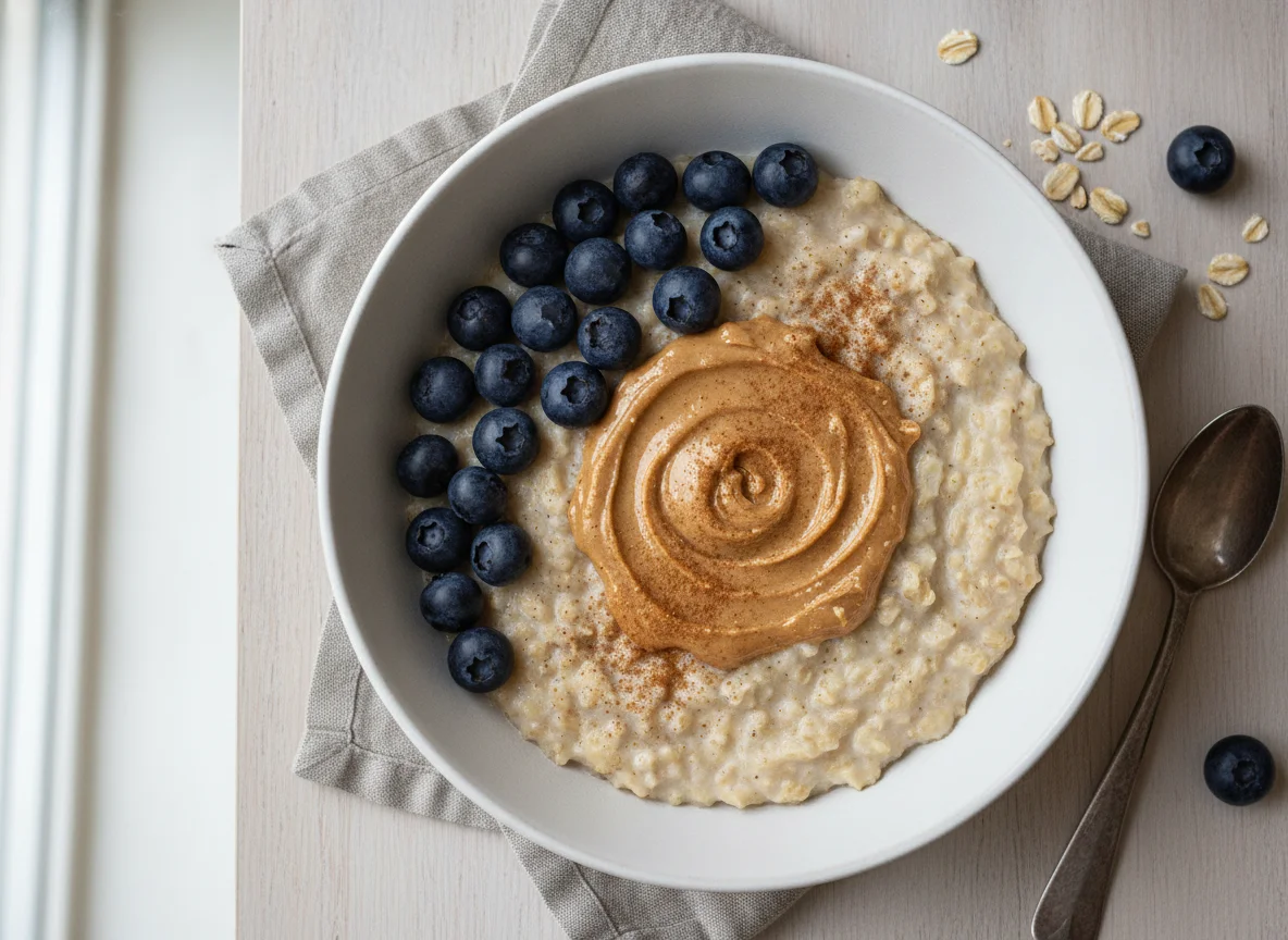 Haferbrei mit Blaubeeren und Erdnussmus photo