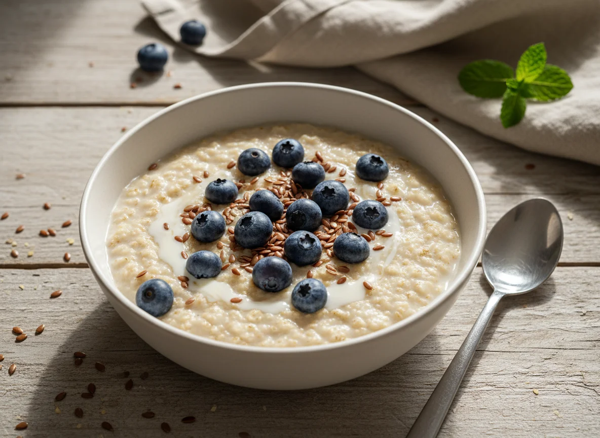 Haferbrei mit Blaubeeren und Leinsamen photo