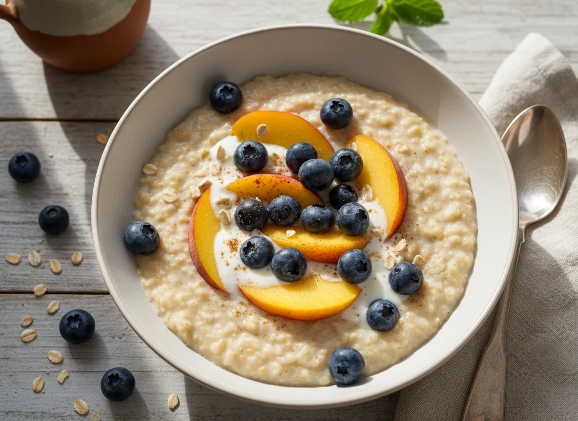 Haferbrei mit Blaubeeren und Pfirsich photo
