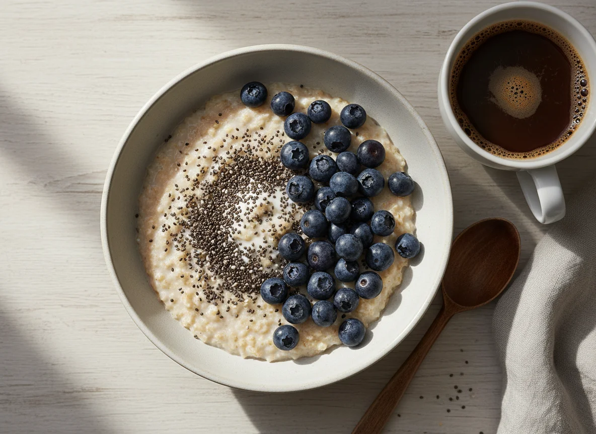 Haferbrei mit Chiasamen, Blaubeeren und Kaffee photo