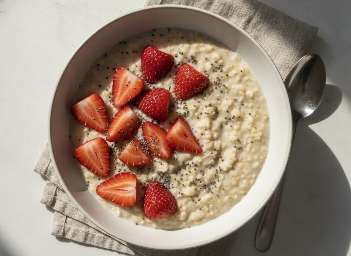 Haferbrei mit Erdbeeren und Chiasamen photo
