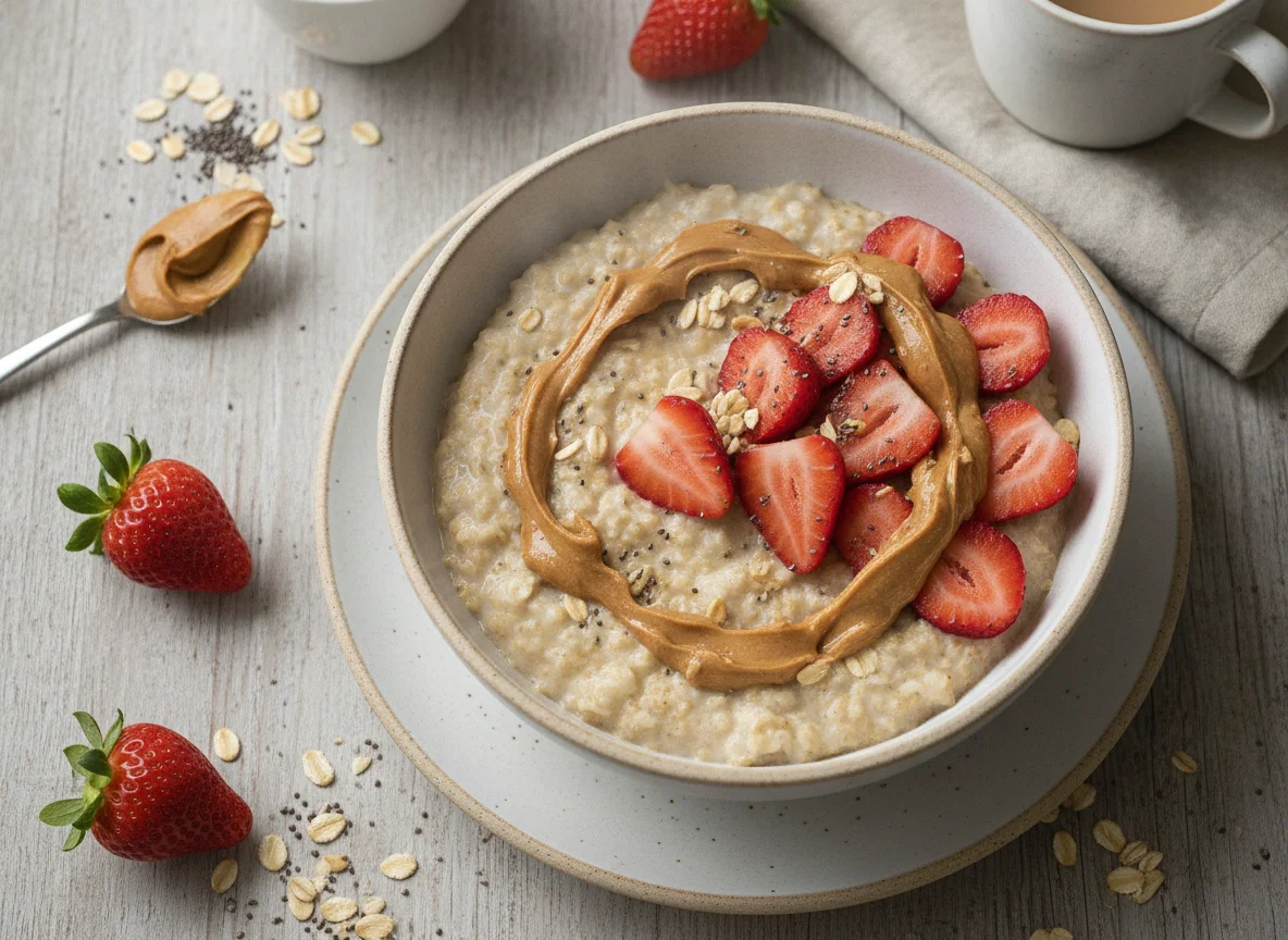 Haferbrei mit Erdbeeren und Erdnussbutter photo
