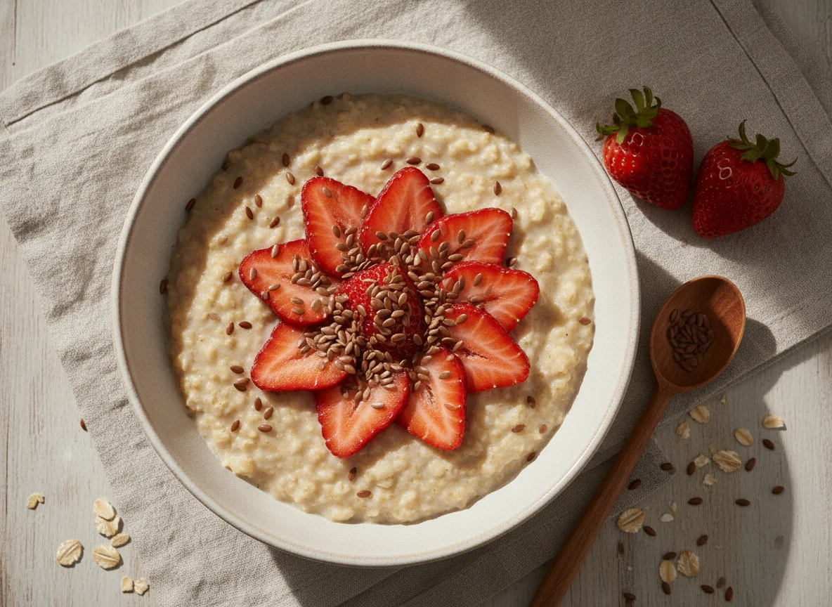Haferbrei mit Erdbeeren und Leinsamen photo