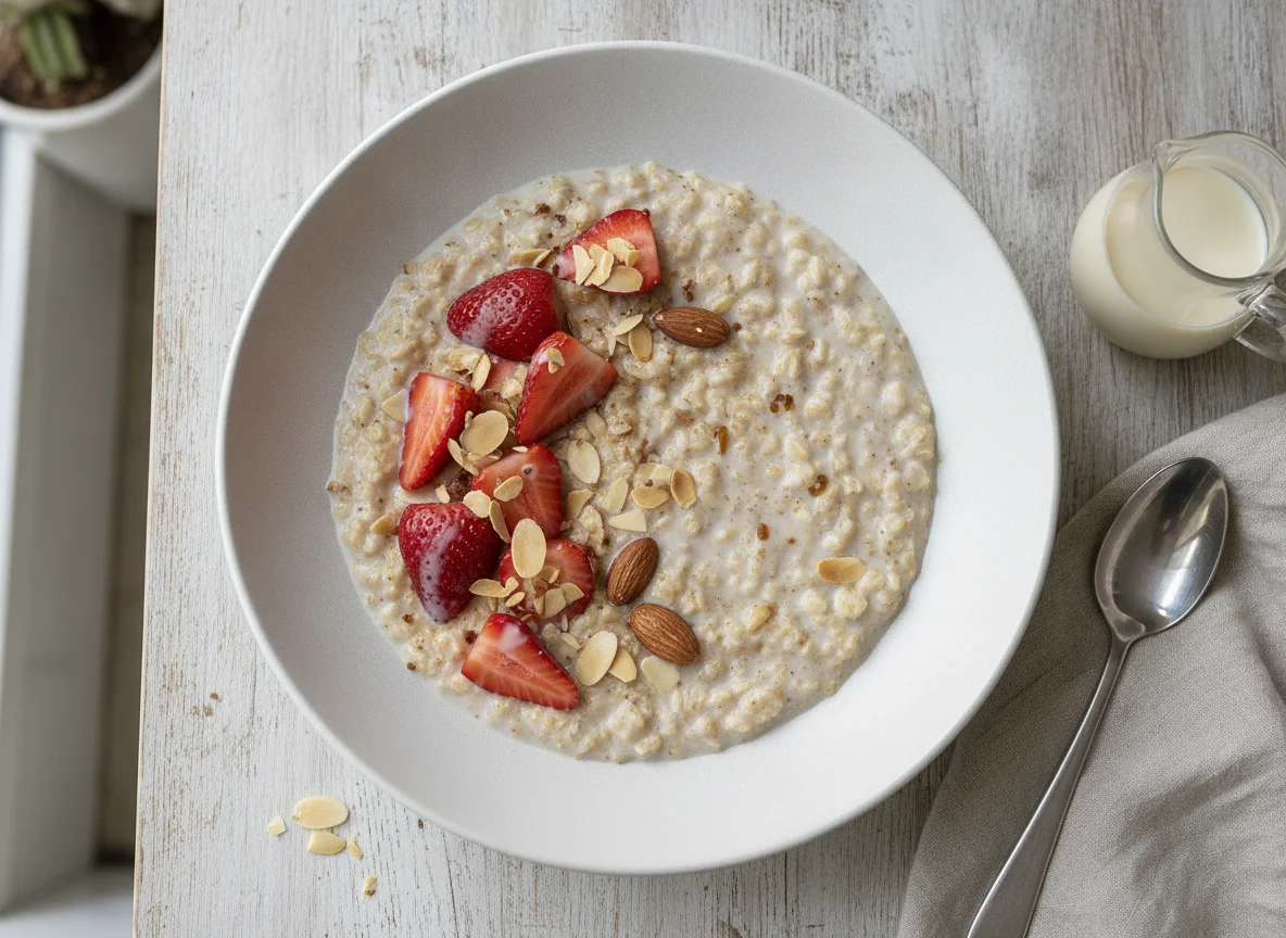 Haferbrei mit Erdbeeren und Mandelmilch photo