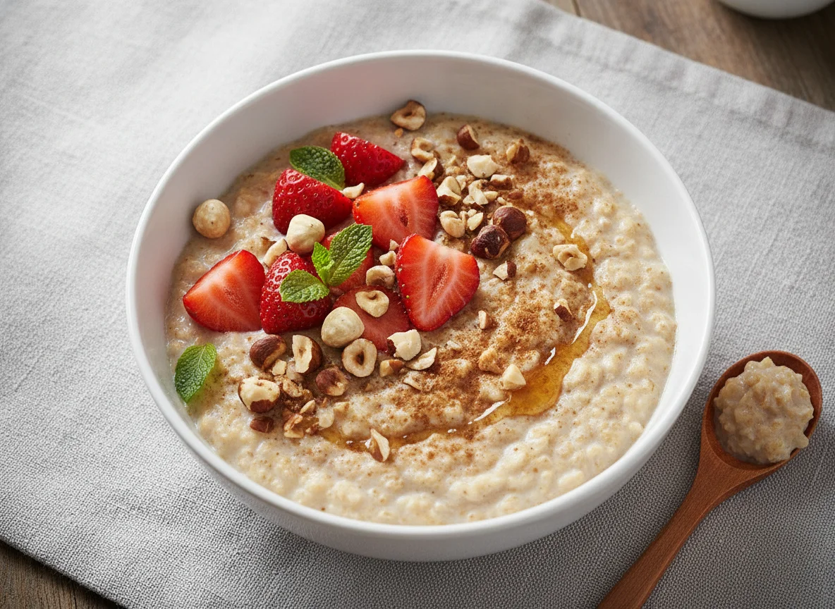 Haferbrei mit Erdbeeren und Nüssen photo