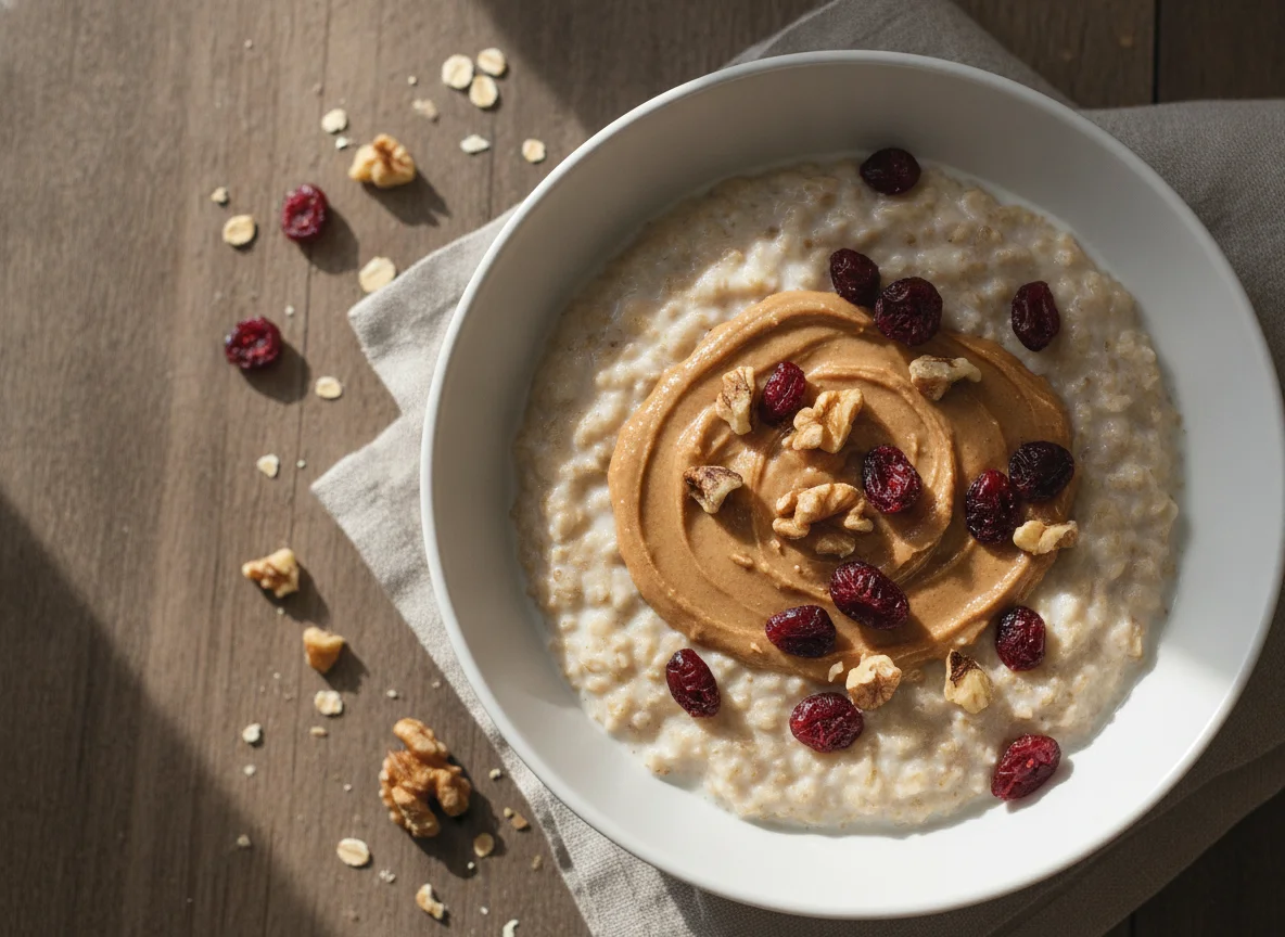 Haferbrei mit Erdnussbutter und Beeren photo