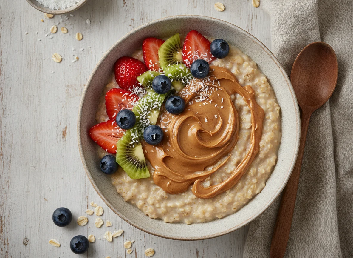 Haferbrei mit Früchten und Erdnussmus photo