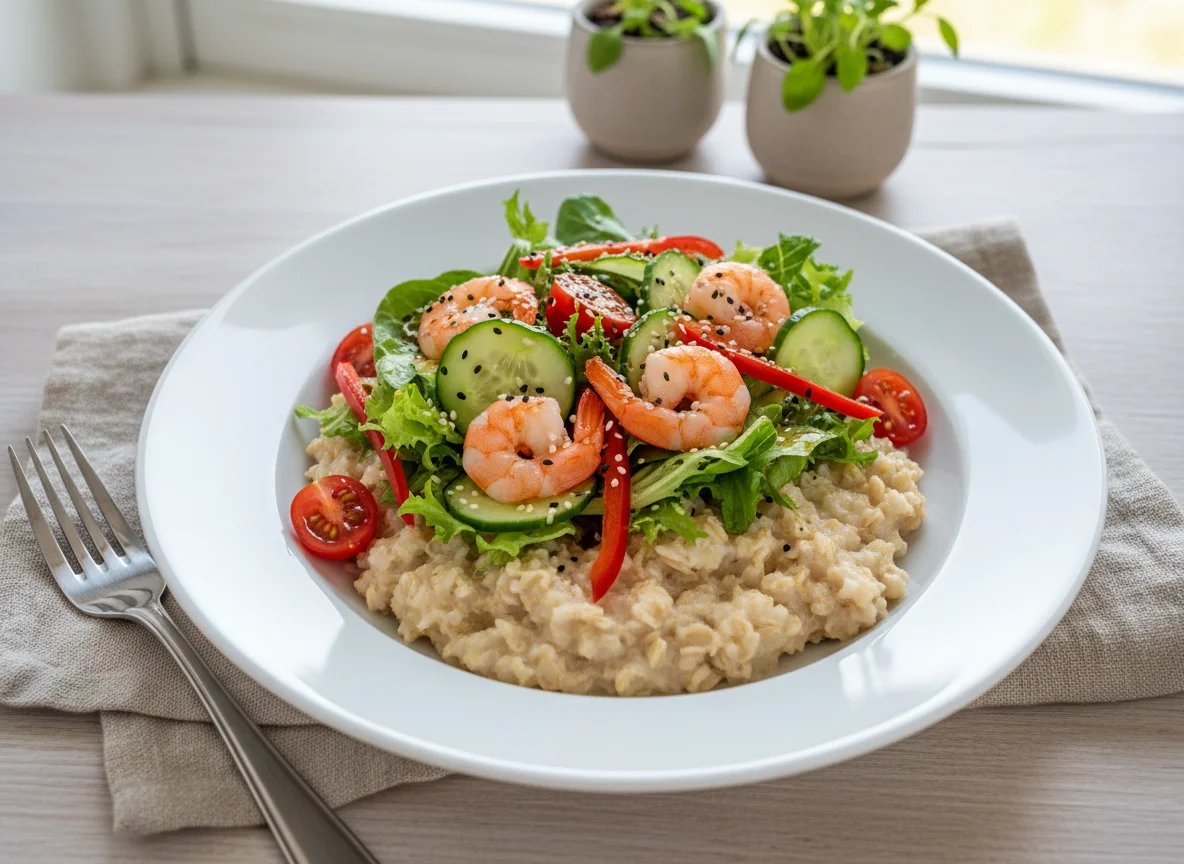 Haferbrei mit Garnelen-Salat photo