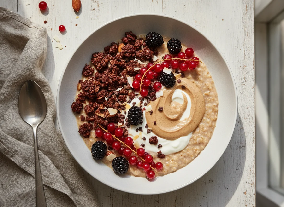Haferbrei mit Granola, Beeren und Nussmus photo