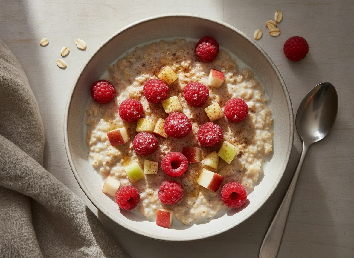Haferbrei mit Himbeeren und Apfel photo