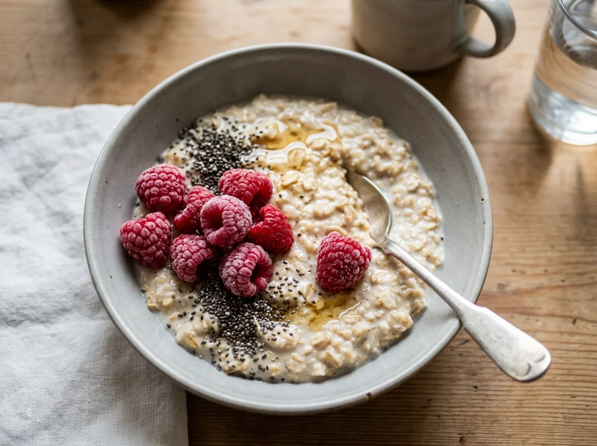 Haferbrei mit Himbeeren und Chiasamen photo