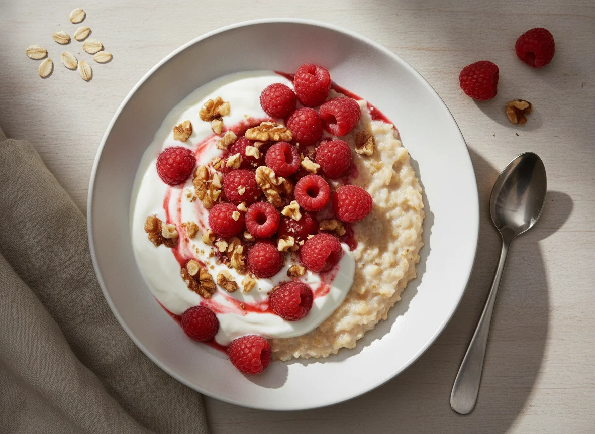 Haferbrei mit Himbeeren und Joghurt photo