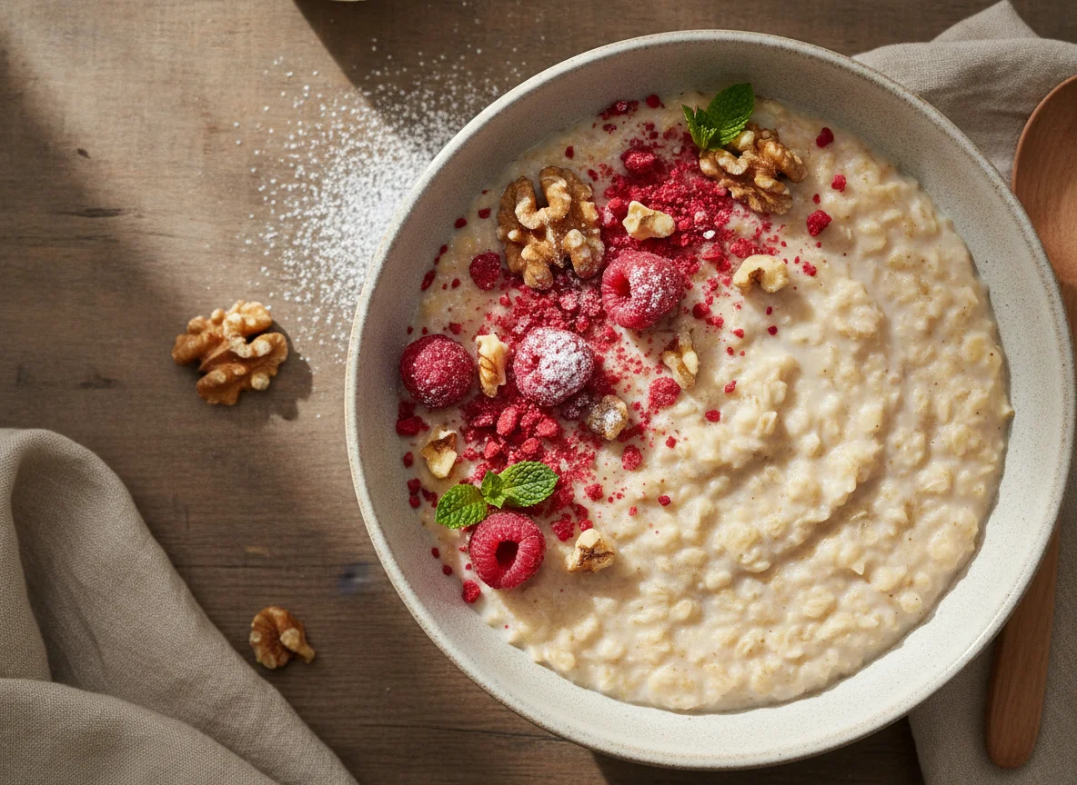 Haferbrei mit Himbeeren und Nüssen photo