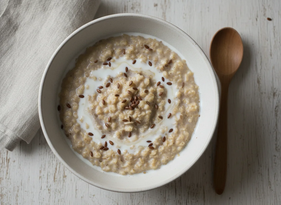 Haferbrei mit Leinsamen und Milch photo
