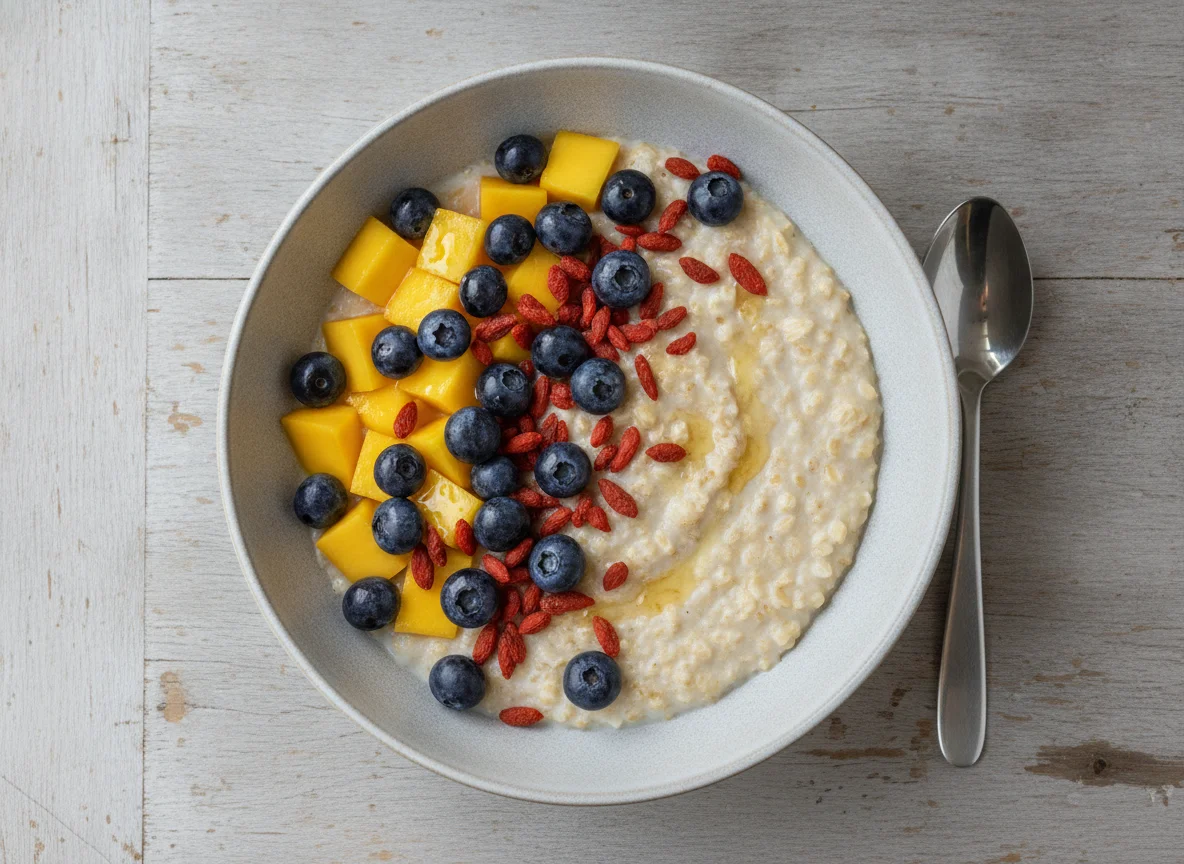 Haferbrei mit Mango, Blaubeeren und Goji-Beeren photo