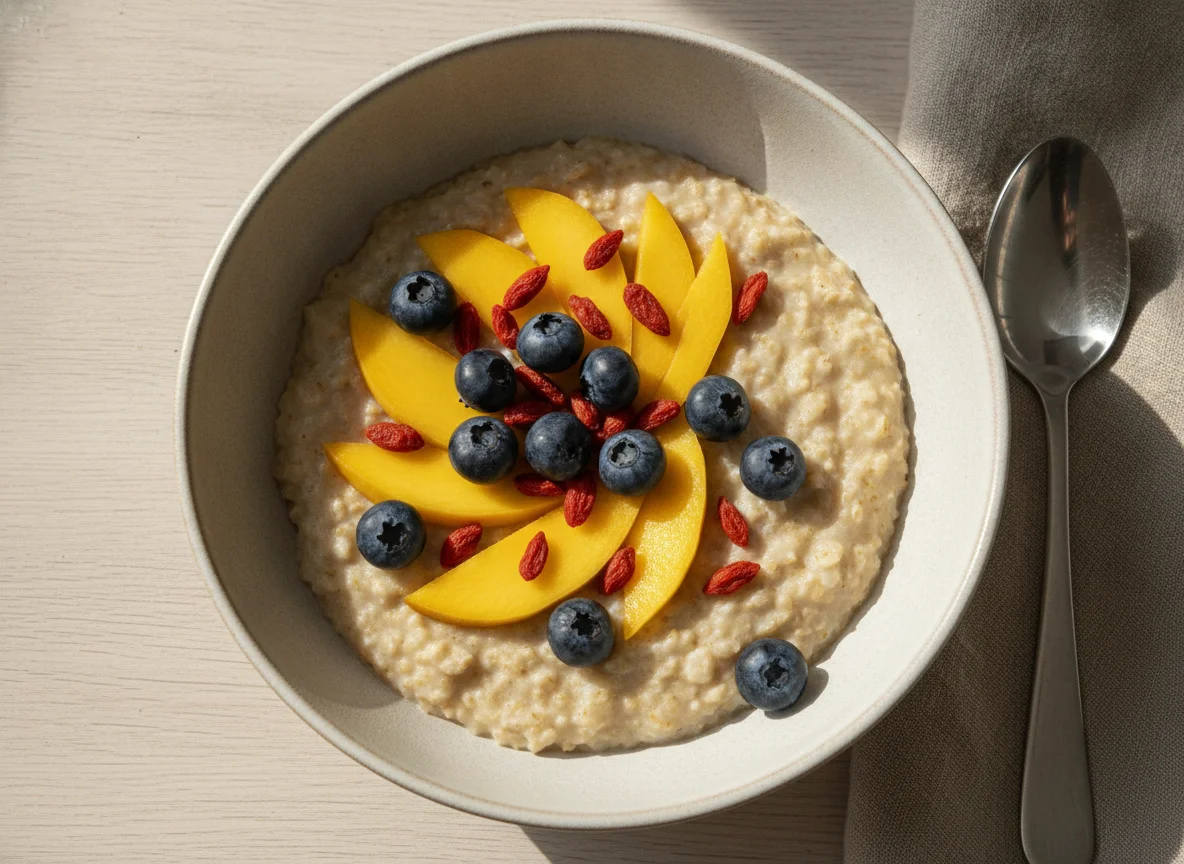 Haferbrei mit Mango und Blaubeeren photo