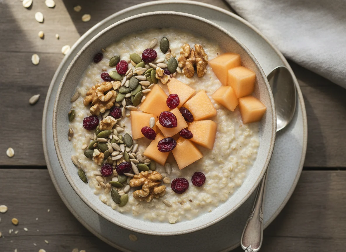 Haferbrei mit Nüssen, Kernen und Melone photo