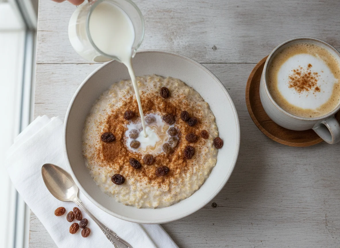 Haferbrei mit Rosinen und Zimt und Milchkaffee photo