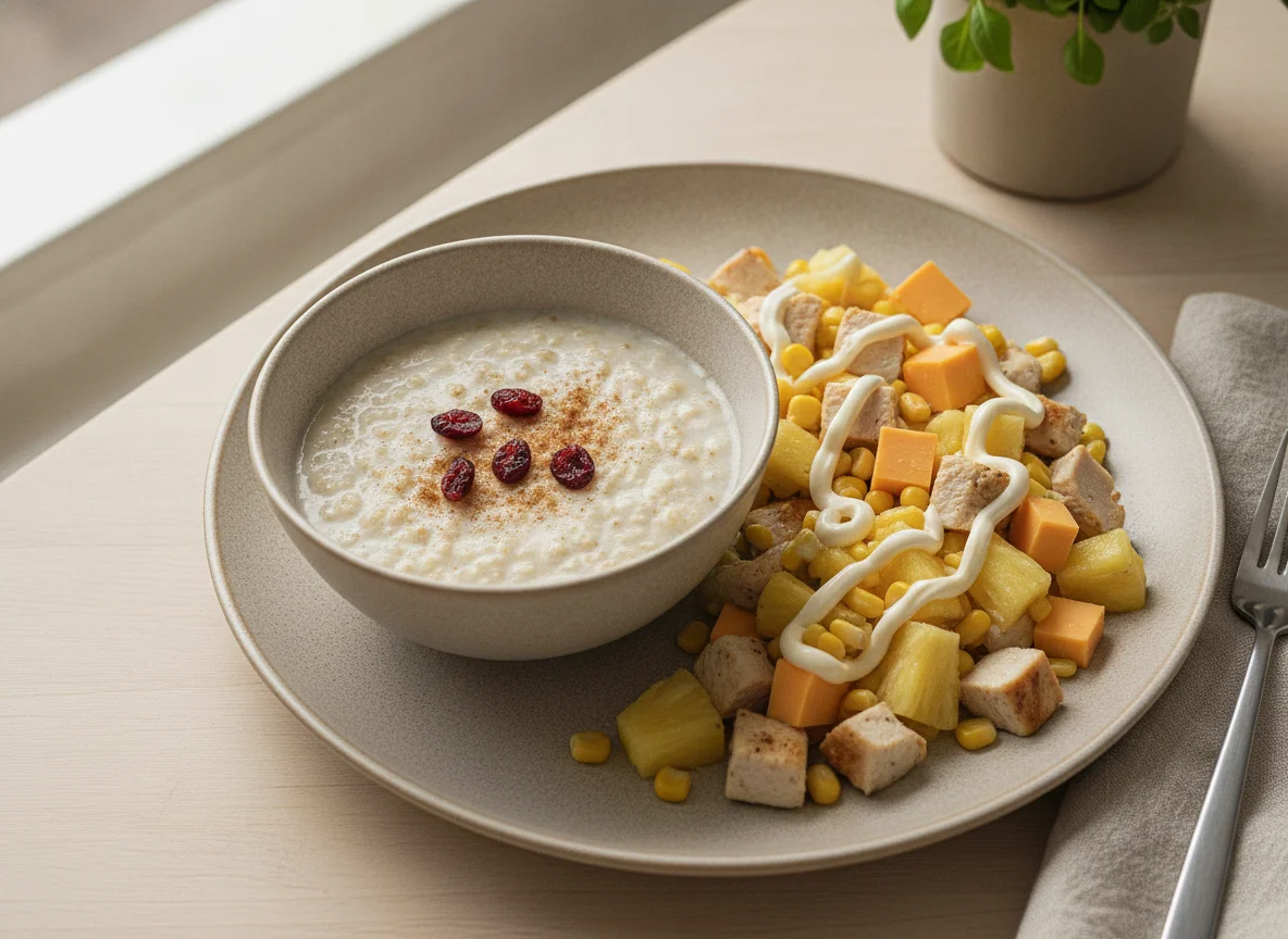 Haferbrei und Hähnchen-Ananas-Salat photo