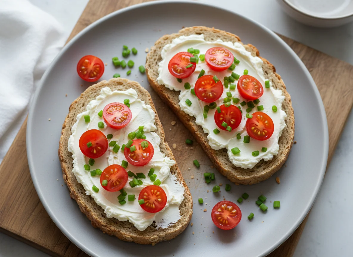 Haferbrot mit Frischkäse und Tomaten photo