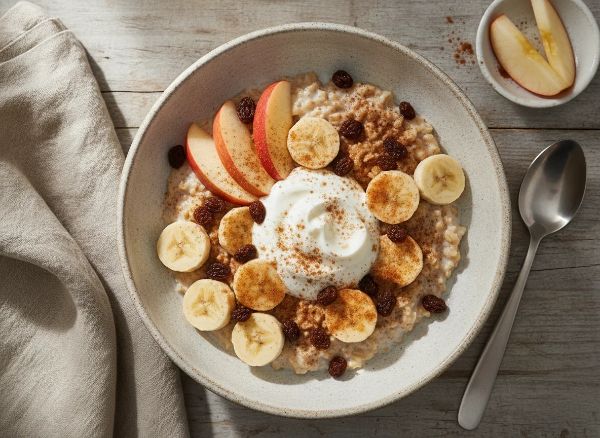 Haferflocken mit Apfel, Banane und Rosinen photo