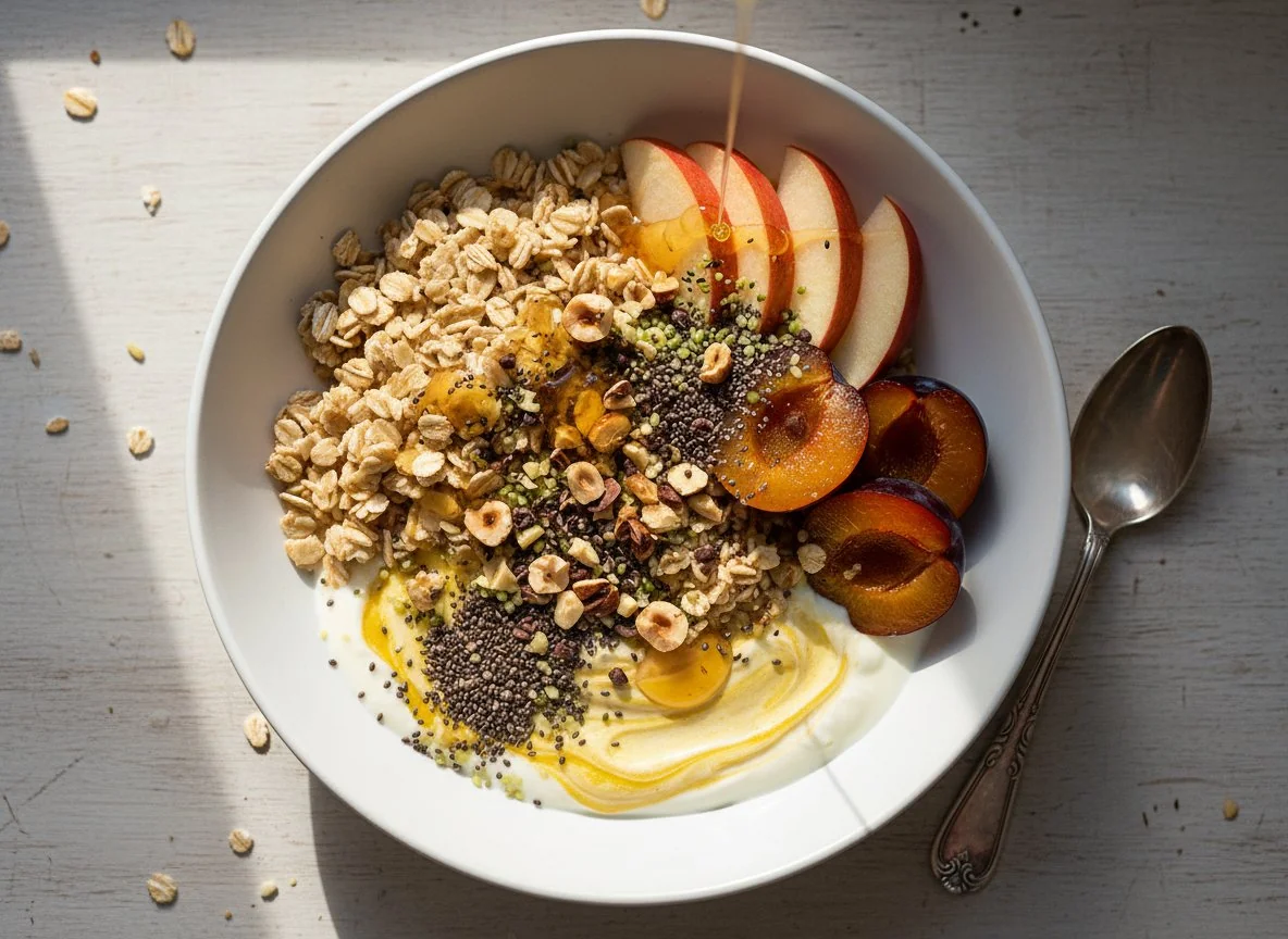 Haferflocken mit Apfel, Pflaume und Skyr photo