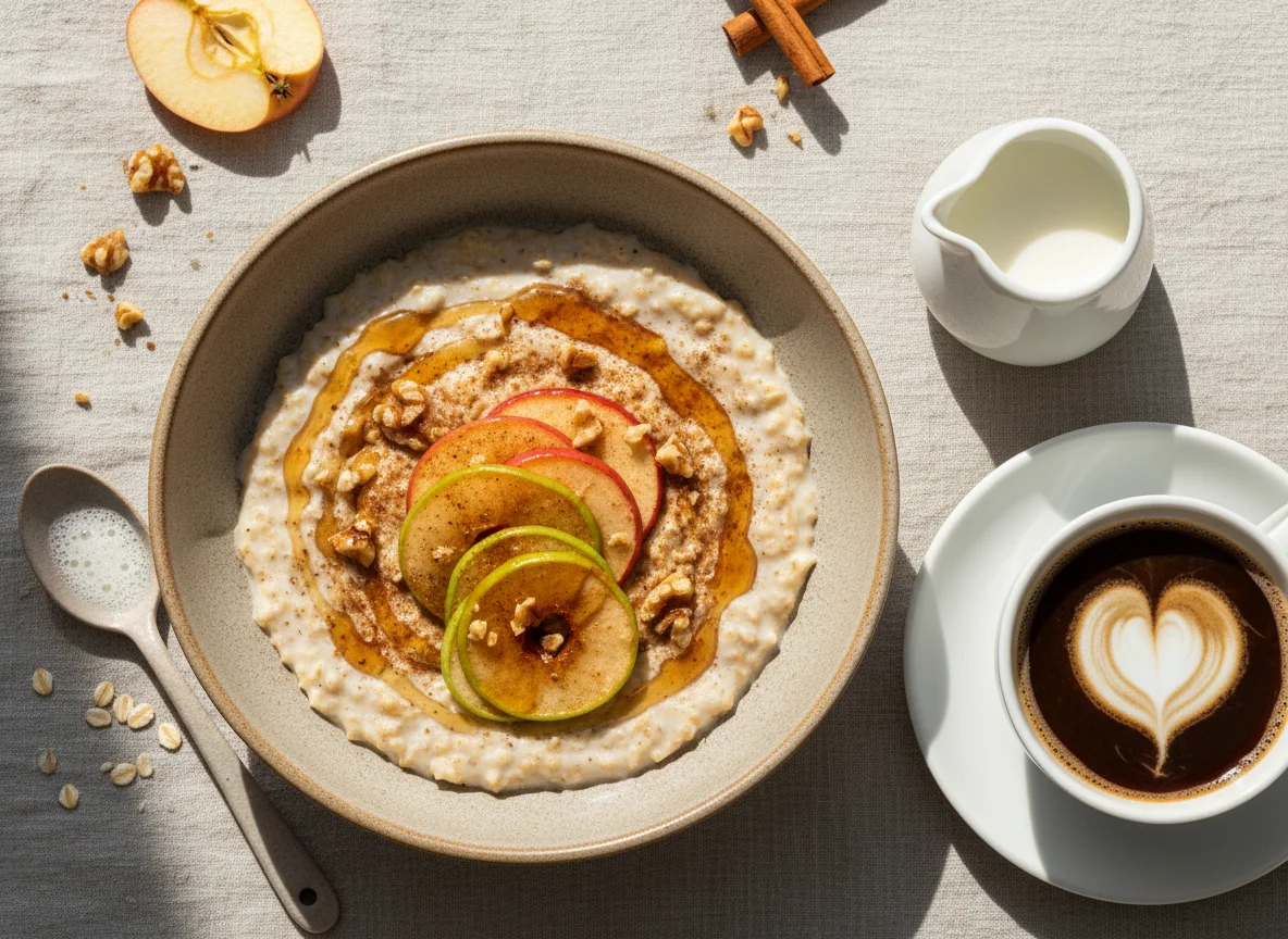 Haferflocken mit Apfel und Kaffee photo