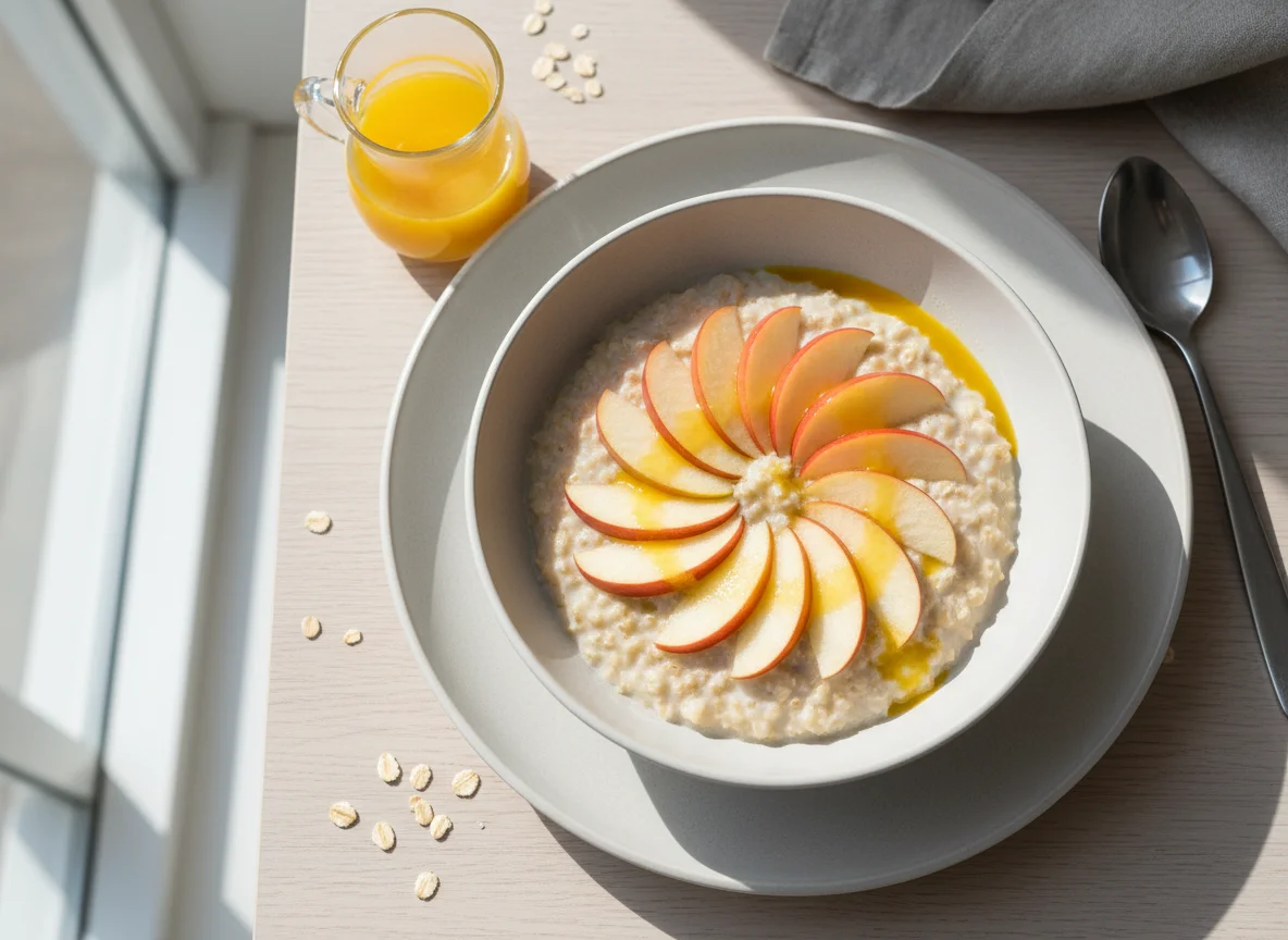 Haferflocken mit Apfel und Orangensaft photo