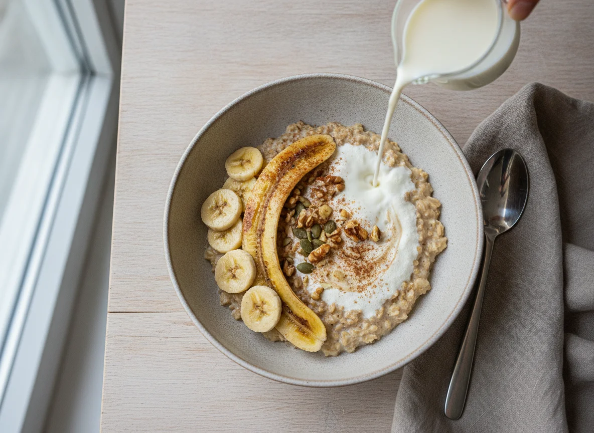 Haferflocken mit Banane, Milch und Proteinpulver photo