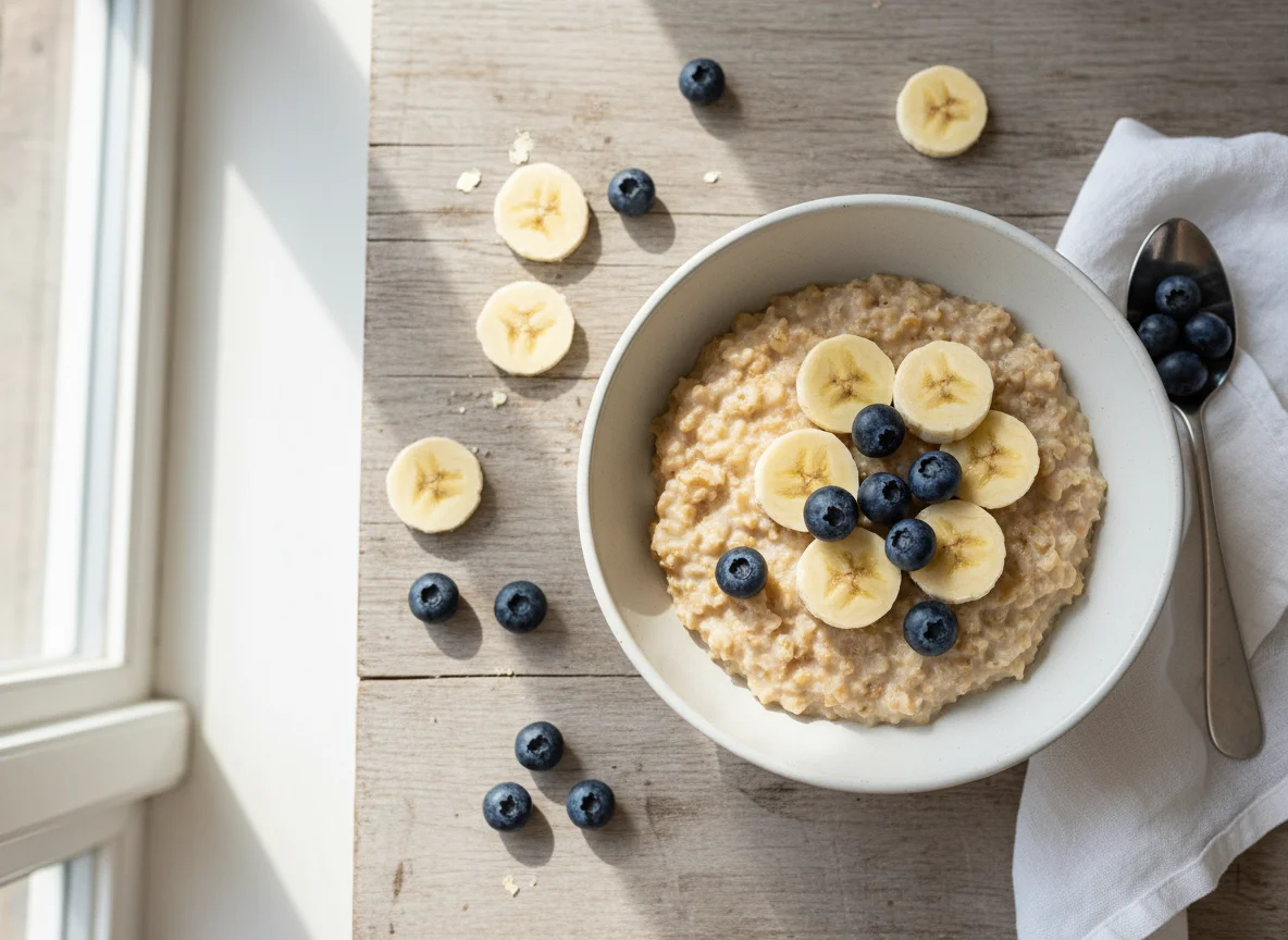 Haferflocken mit Banane und Blaubeeren photo