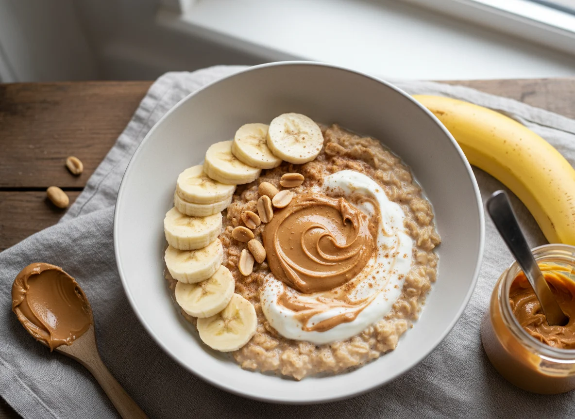Haferflocken mit Banane und Erdnussbutter photo