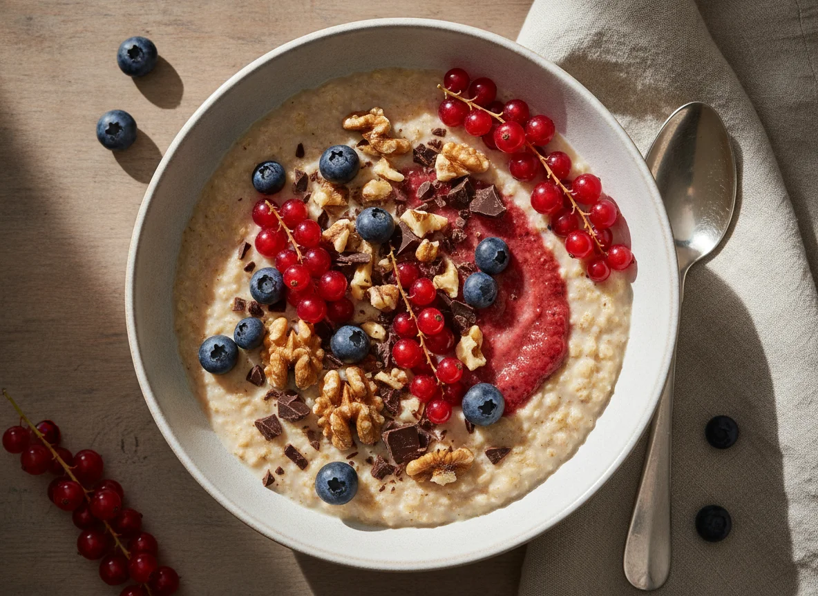 Haferflocken mit Beeren, Nüssen und Schokolade photo