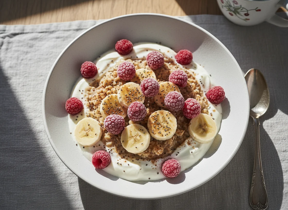 Haferflocken mit Beeren und Banane photo