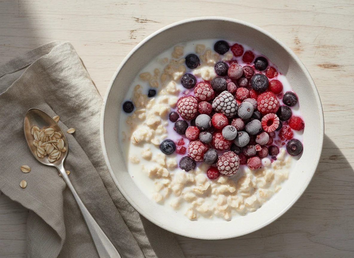 Haferflocken mit Beeren und Milch photo