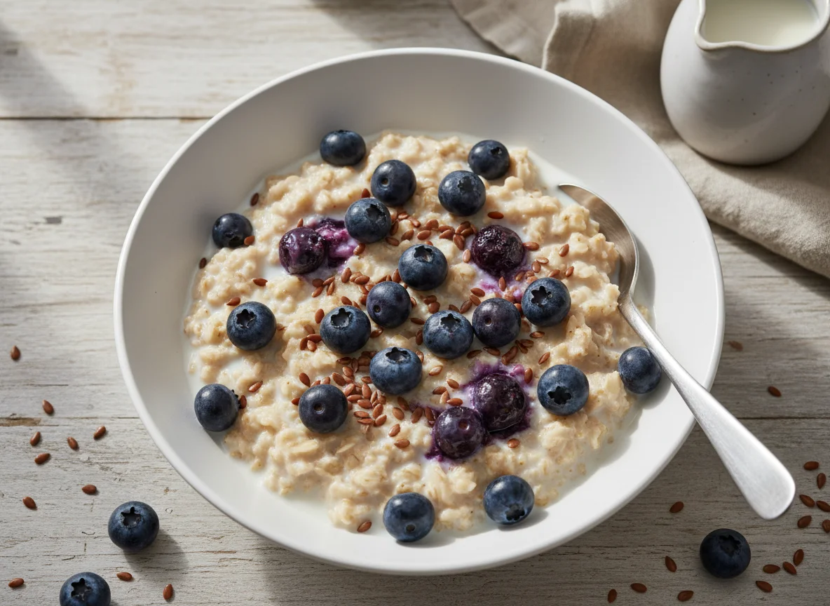 Haferflocken mit Blaubeeren und Milch photo