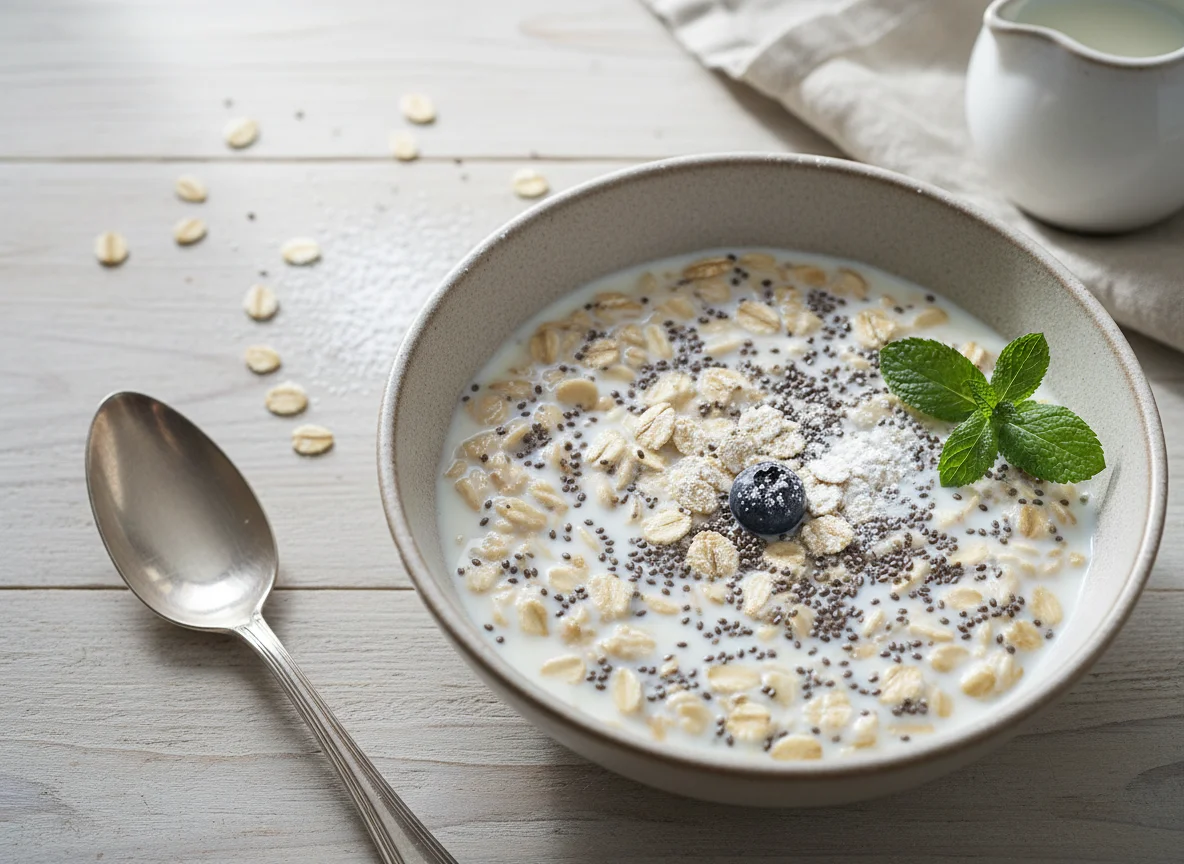 Haferflocken mit Chiasamen und Milch photo